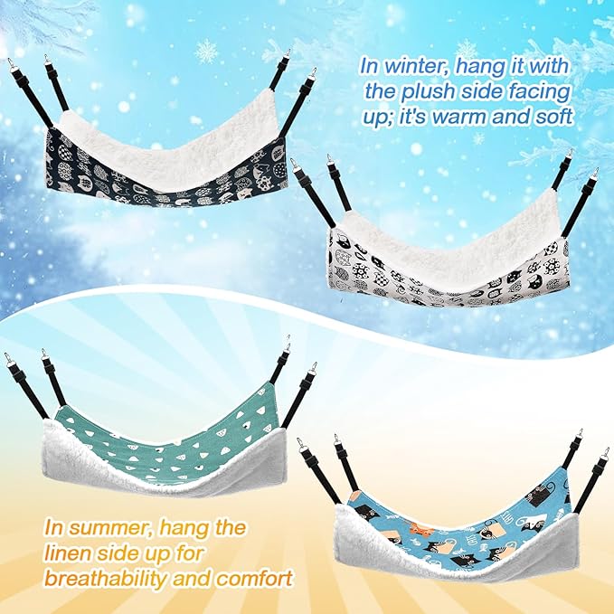 4 Pack Cat Hammock for Cage, Reversible Cat Hanging Hammock Soft Large Double Sided Pet Bed with Adjustable Straps & Metal Hooks for Cats Ferret Kitten Puppy Rabbits Small Animals