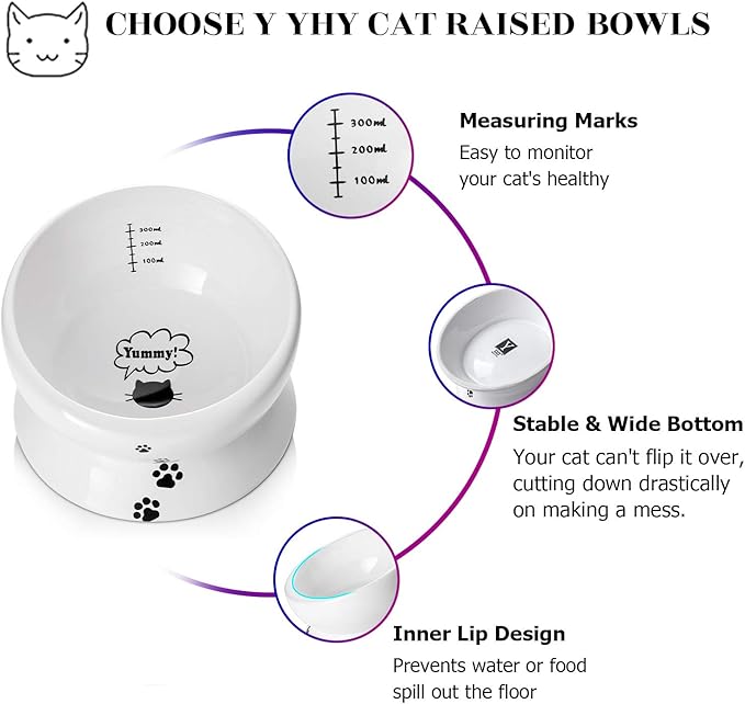Y YHY Elevated Cat Food Bowl, Raised Food and Water Bowl for Cat and Small Dog, Tilted Ceramic Water Bowls No Spill,15oz, Dishwasher Safe