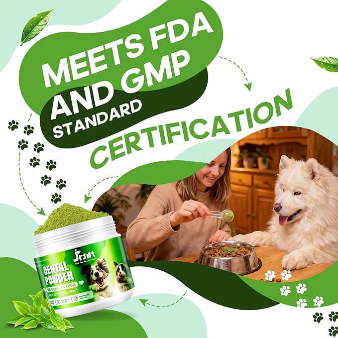 Dog Dental Powder, Dog Teeth Cleaning Powder, Natural Herbal Blend with 5 Probiotics and Lysozyme, Plaque Off Pet Tooth Cleaning, Bad Breath &Tartar Remover for Dogs All Breeds-180g