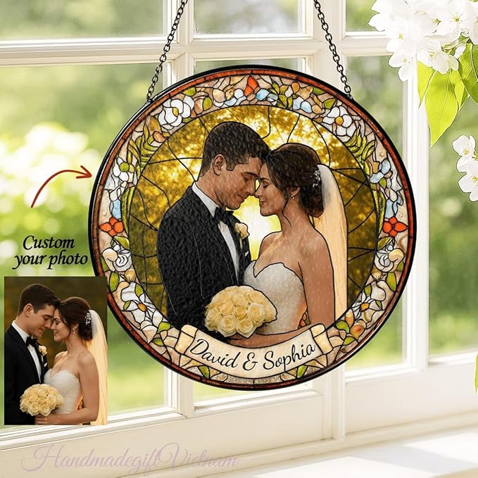 LOVELYPOD Custom Photo Stained Glass Suncatcher Couple Portrait Window Hanging, Valentine Gift Him Her Boyfriend Girlfriend, for Husband Wife, Christmas Ornament for Family