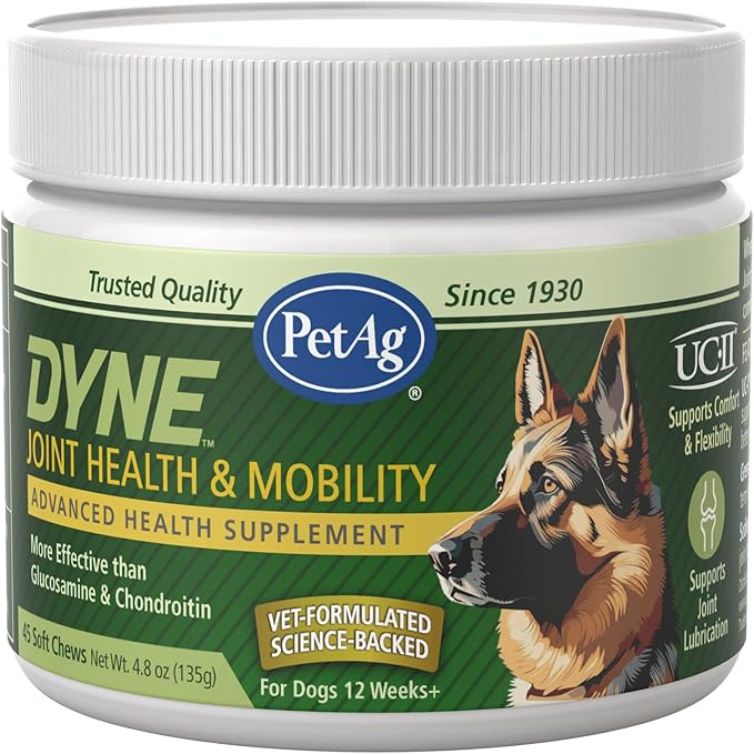 PetAg Dyne Soft Chews, Joint Health & Mobility - Vet-Formulated for Aging & Active Dogs - with UC-II® Collagen - Up to 4X More Effective Than Glucosamine/Chondroitin - 45 Chicken Liver Flavor Chews