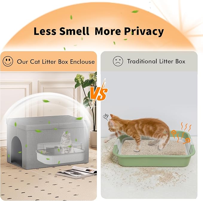 Cat Litter Box Enclosure Furniture for Odor Control, Hidden Cabinet Cats Litter Ottoman with Flip-Up Lid,Cat Litter Box Bench with Storage Space, Dog Proof (Light Grey, X-Large)