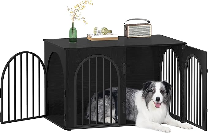 39.4" Wooden Dog Crate Furniture, Indoor Dog Kennel Dogs Cage for Small/Medium/Large Dogs, Heavy Duty Dog Crates Decorative Pet House End Side Table TV Stand, Black DFC84104B