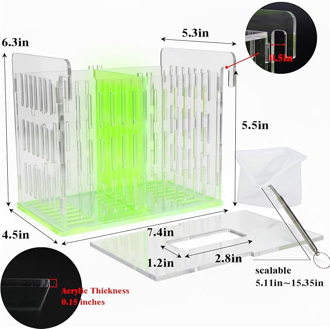 Aquarium Acrylic Breeding Box with Extendable Net - Fish Tank Breeder Box, Isolation Acclimation Hatchery for Saltwater & Freshwater Baby Fish, Shrimp, Betta (Green, 7.4x5.3x6.3 in)