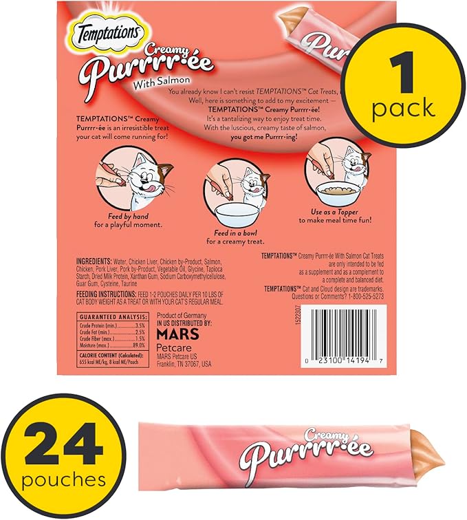 Temptations Creamy Puree Squeezable Lickable Cat Treats, Wet Cat Treats with Salmon, 0.42 oz. Tubes, 24 Count