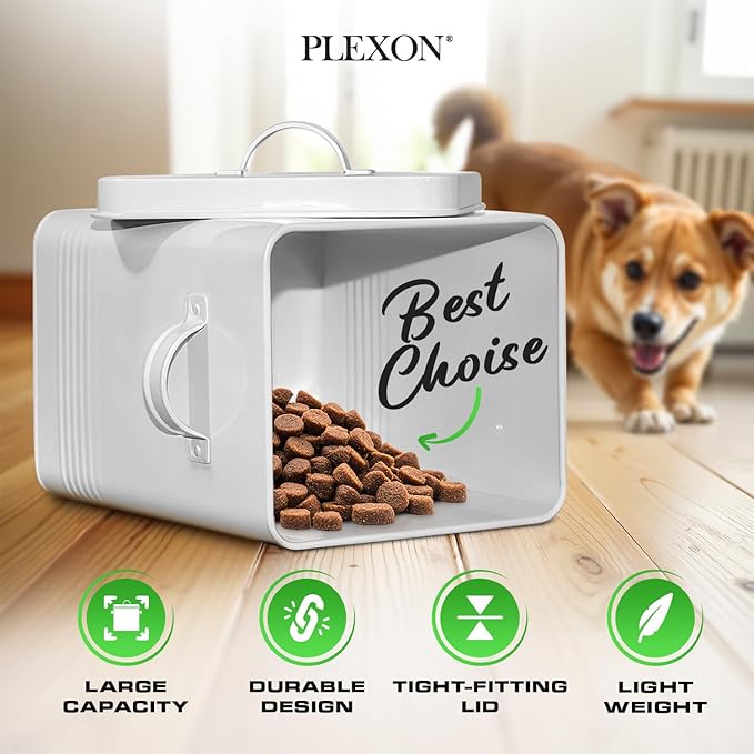 Plexon Metal Dog Food Storage Container with Scoop - Small Dog Food Container Holder Treat Jar Bin with Lid - Pet Chow Storage Canister Tin,1.5 Gallon, 7 lbs, White