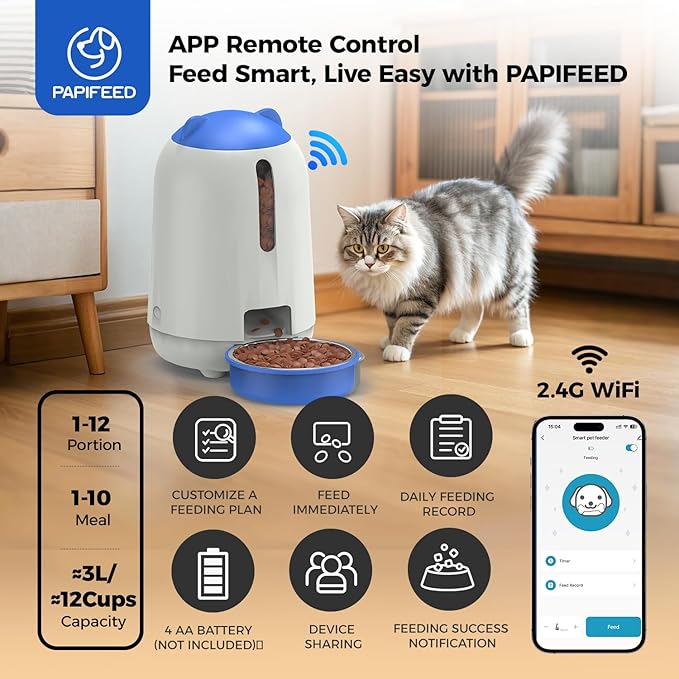 PAPIFEED Automatic Cat Feeder with Camera, App-Controlled WiFi Auto Food Dispenser, Dual Power Backup, Slow Feeding Mode, 3L Moisture-Proof Feeder for Cats & Small Dogs (Blue)