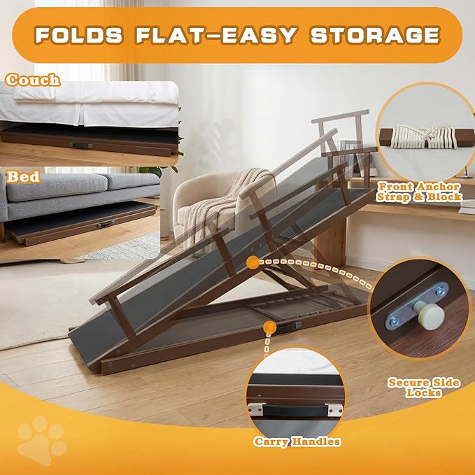 7 Adjustable Dog Ramp for Bed, Couch - 63" Foldable Birchwood Dog Ramp with Safety Rails, Non-Slip EVA Surface & DIY Glow in The Dark Strips, Wooden Pet Ramp for Large Dogs Supports 250Lbs