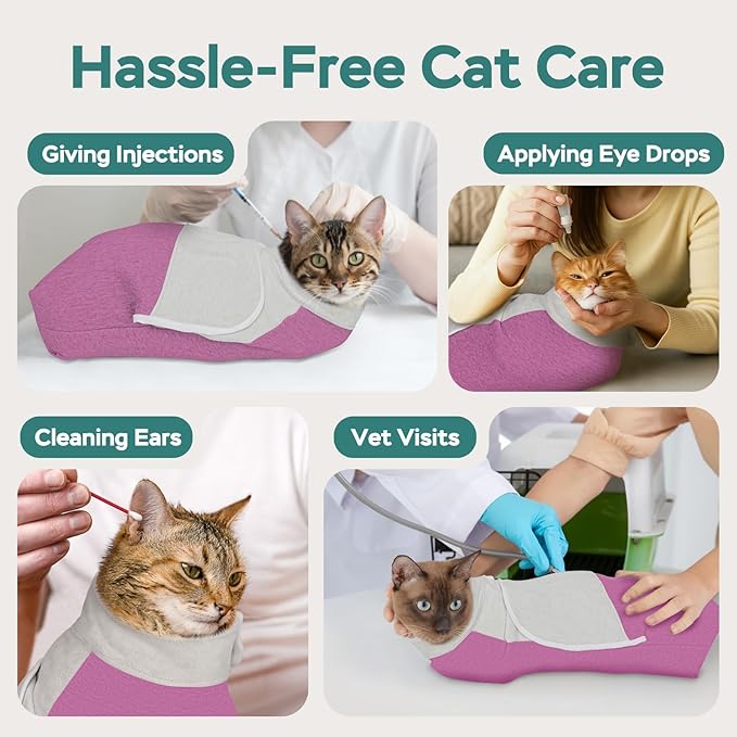 Self-Adhesive Cat Grooming Wrap, Cozy Cat Wrap for Cutting Nails, Breathable Anti-Scratch Cats Swaddle Bag for Brushing, Ear Cleaning, Dental Care, Medication, Injections,Pinkish Purple L