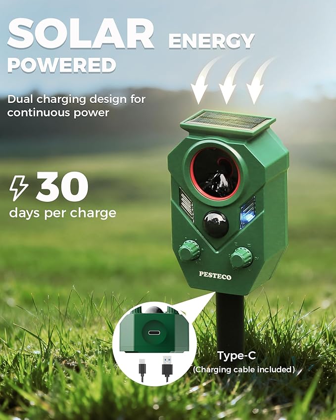 Solar Animal Repellent Outdoor, Ultrasonic Cat Repellent Outdoor, IP65 Waterproof Deer Repellent Deterrent Squirrel Racoon Skunk Rabbit, Dog Repellent for Yard Garden Lawn with PIR Sensor