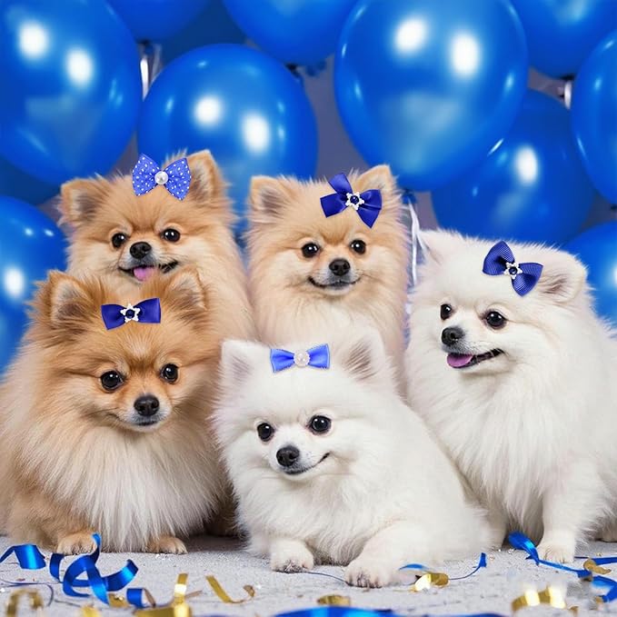 20 PCS Cute Dog Hair Bows with Rubber Bands Elastic Handmade Mix Style Lace Rhinestone Pearls for Furry Puppy Cat Pet Girl, Dark Blue
