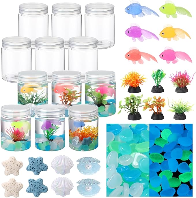 12 Set Fishbowl Craft Kit with Plastic Fish Bowl Floating Fake Goldfish Aquarium Plant Glow in The Dark Rock Seashell Mini Fish Tank Decoration Accessories for Party Supplies School Classroom