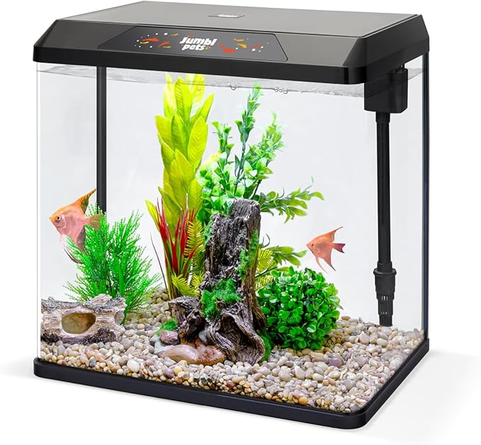 JumblPets Starter Fish Aquarium Kit, 4 Gallon, Complete Beginner Glass Fish Tanks Set with LED Lighting, Internal Filtration System, Filter Media Set, Hood & Lid, Ideal for Freshwater and Marine Fish
