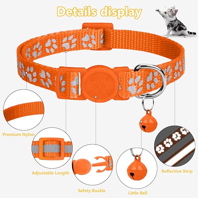 Taglory Reflective Cat Collar Breakaway with Bells, 2 Pack Girl Boy Pet Cat Collar Adjustable 7.5-12.5 Inch, Orange