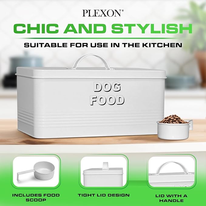 Plexon Metal Dog Food Storage Container with Scoop - Small Dog Food Container 10lbs Holder Treat Jar Bin with Lid - Pet Chow Storage Canister Tin, 2 Gallon, White