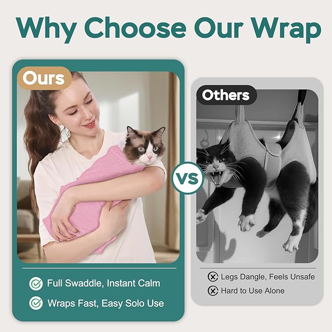 Self-Adhesive Cat Grooming Wrap, Cozy Cat Wrap for Cutting Nails, Breathable Anti-Scratch Cats Swaddle Bag for Brushing, Ear Cleaning, Dental Care, Medication, Injections, Pink S