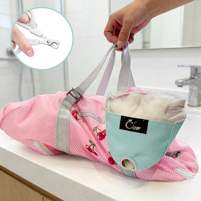 Cinf Cat Bathing Bag(Free Muzzle) Breathable Mesh Anti Scratch Adjustable Cat Grooming Bag for Nail Trimming, Bathing Soft Cat Washing Bag(Pink&Cherry) L