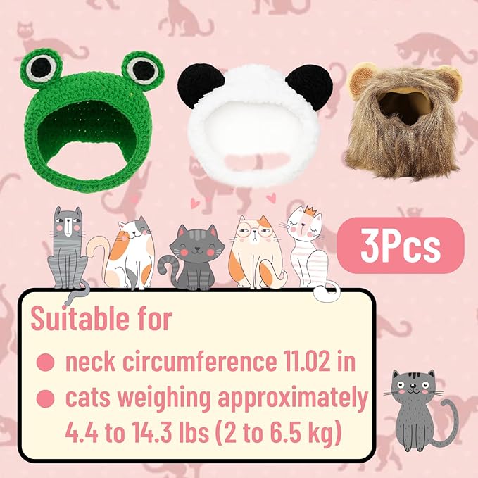 3PCS Cat Wig Costume Set with Panda, Lion Mane and Frog Designs, Cat Wig, Soft and Comfortable Pet Hats for Photo Shoots and Parties, Fits Most Cats