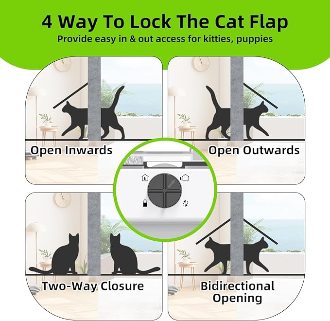 Cat Door for Window, Aluminum Cat Door Window Insert with 4 Secure Lock Modes, Magnectic Closure for Cats, Fit Window Width 36"-40", White