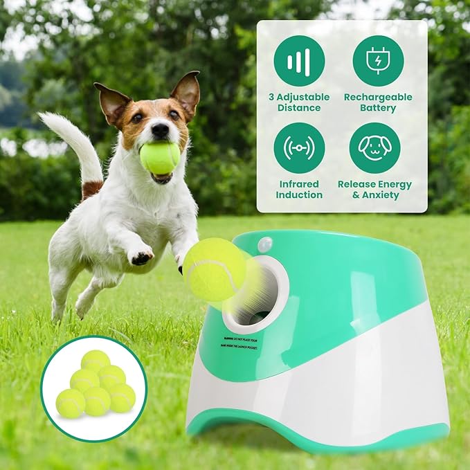 iMounTEK Automatic Ball Launcher for Dogs, Dog Fetch Machine with 6 Tennis Balls, 3 Adjustable Distance Settings, Interactive Fetch Toy for Small to Medium Dogs, Indoor/Outdoor Use
