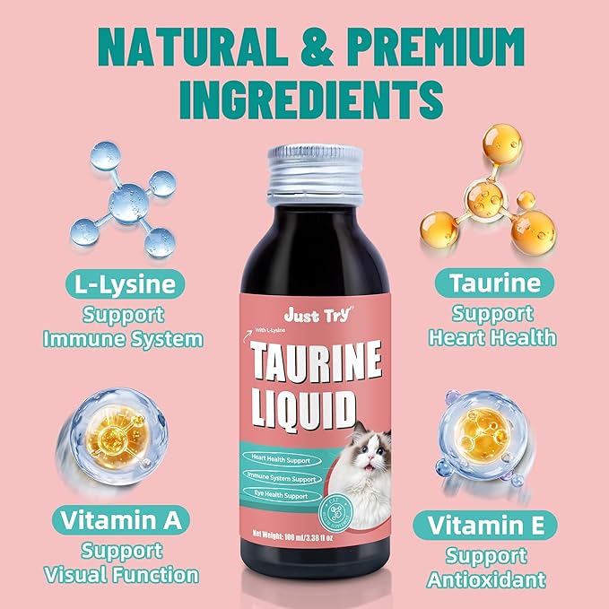 Just Try 3.38 fl oz Taurine Supplement & L-Lysine for Cats Feline Heart Health Immune Support - Sneezing, Runny Nose and Watery Eyes - Chicken Flavor 100ml