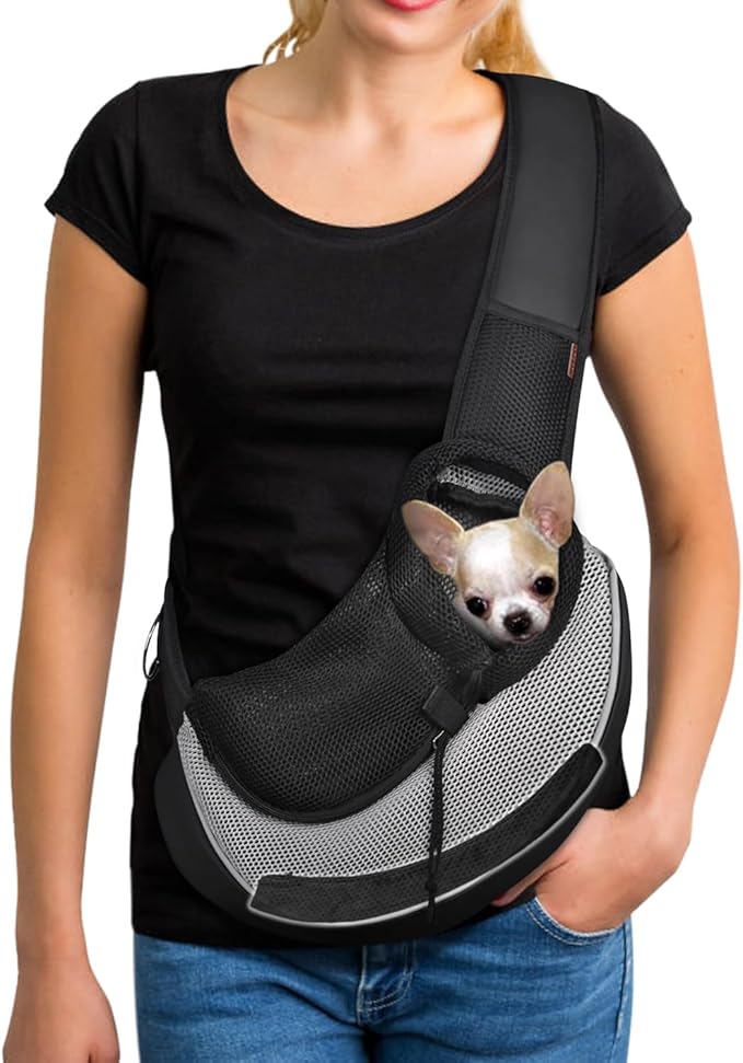 YUDODO Pet Sling Carrier for 5-9 lbs Small Dogs & Cats – Hands-Free Puppy Carrier with Safety Hook, Large Zipper Pocket, Soft Breathable Mesh, Adjustable Strap & Reflective Strip (Gray 3.0 M)