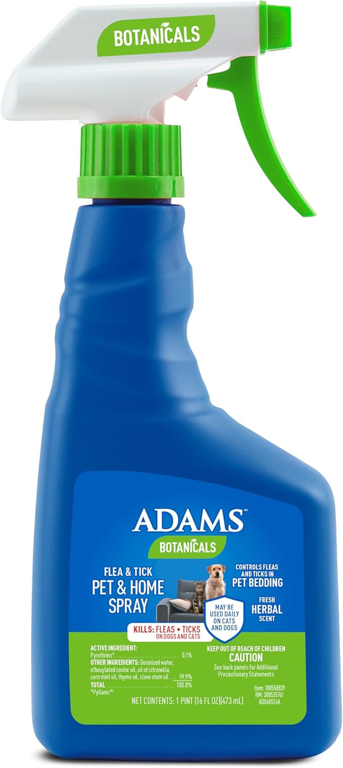 ADAMS Botanicals Flea & Tick Pet & Home Spray, Flea Spray for Dogs, Cats, Puppies, & Kittens, Indoor Home Treatment, Kills Fleas & Ticks on Pet Bedding and Furniture, 16 oz