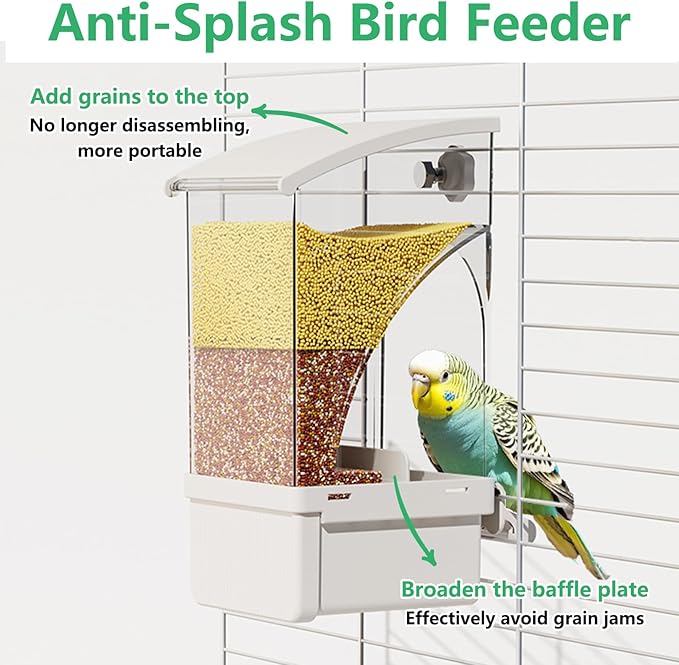 Hamiledyi 2Pcs Automatic Birds Feeder No Mess Bird Cage Feeder Transparent Acrylic Parrot Seed Food Container with Perch Bird Cage Accessories for Parakeet Finch Lovebirds Budgies Canary (White)