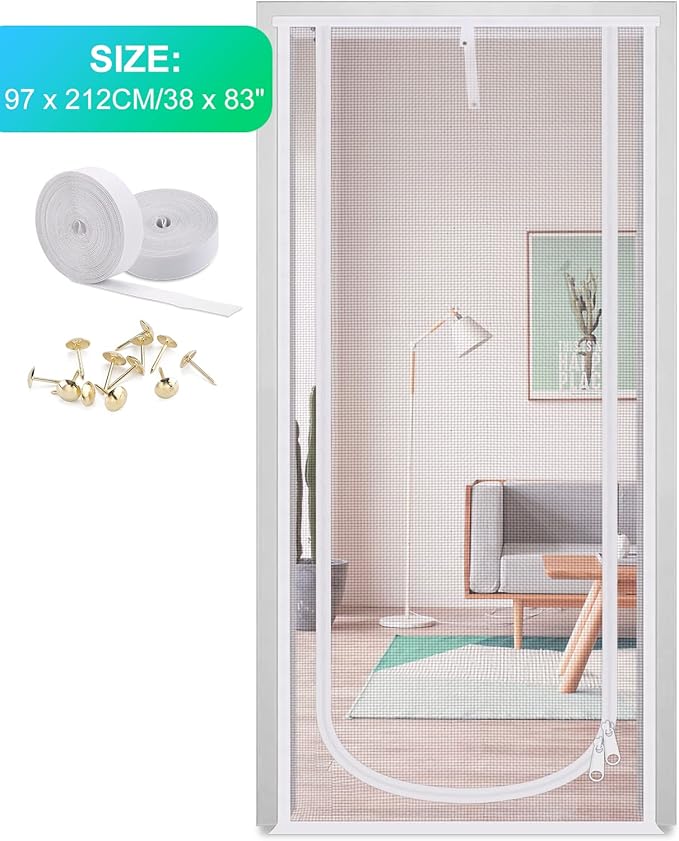 Reinforced Cat Screen Door, 38X83” Heavy Duty Pets Proof Screen Door with Bilateral Zipper, Prevent Dogs Cats Running Out from Home, Bedroom, Living Room, Kitchen Patio Door (White)