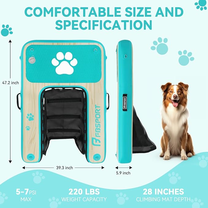 FBSPORT Inflatable Dog Boat Ramp Floating Dock Water Ladder for Pool, Boat, Non-Slip EVA Floating Ladder Pool Ramp for Dog Up to 220 LBs, Safe & Easy Access