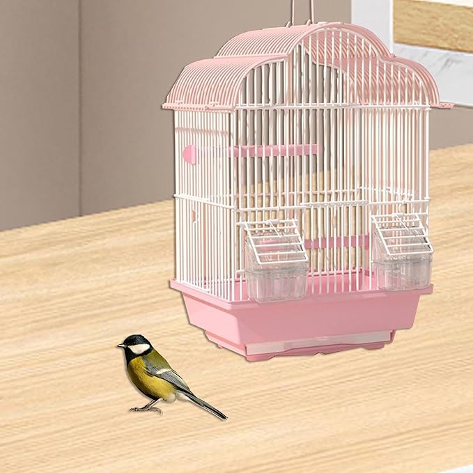 Generic Parrot Birdcage Stand Cage House Hanging with Food Cup Hanging Cage Birds Nest for Cockatoos Lovebirds Macaw Budgies Finches, M, Pink