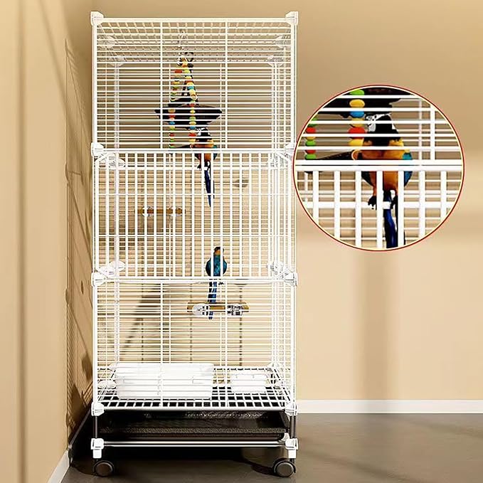 49 Inch 3-Tier Big Bird Cage with Food & Water Bowls Parakeet Bird Cage with Stand, Wheels Metal Birdcage Parrot Cage for Parakeet, Lovebirds, Ringneck, Cockatiels (Clear, 3-Tier-Roofless)
