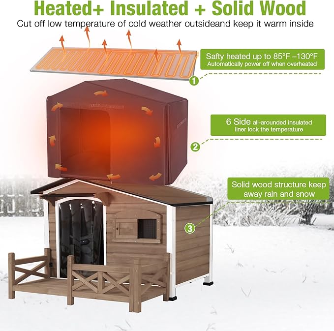 GUTINNEEN 44.6" L Large Heated Dog House Outdoor Insulated Winter Dog Kennel with Thermostat-Controlled Heating Pad, Chew-Proof Metal Frame and 6-Sided Insulated Liner for Large Dogs, Brown
