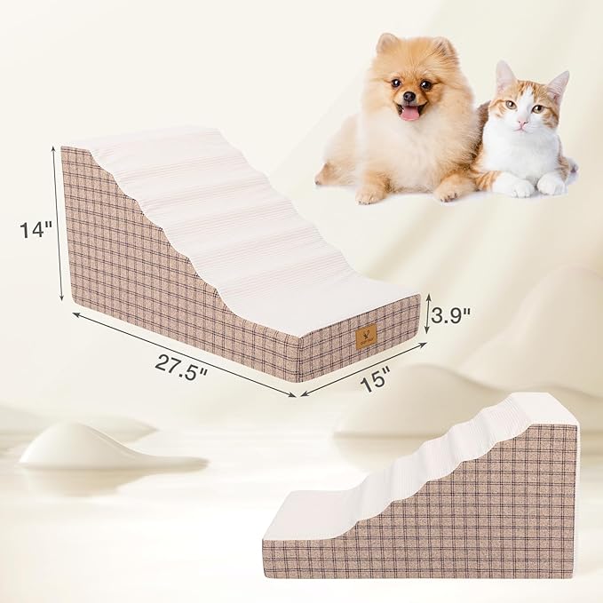 Pets Ramp for High Beds, Small Dogs & Senior Cats - Non-Slip Texture & Machine Washable Cover - Supportive Foam for Joint Comfort, Easy Climb for Couch, Sofa, Furniture (Tan)