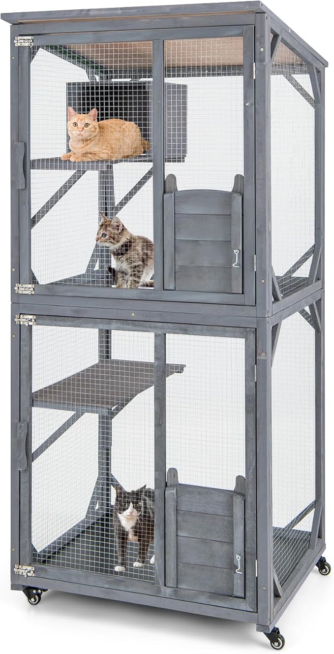 Tangkula Catio Outdoor Cat Enclosure, 72 Inch Wooden Cat House on Wheels with Resting Box, 2 Platforms & Weatherproof Asphalt Roof, Large Kitty Cat Condo Cage Playpen with Enter Doors & PP Layer