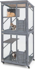 Tangkula Catio Outdoor Cat Enclosure, 72 Inch Wooden Cat House on Wheels with Resting Box, 2 Platforms & Weatherproof Asphalt Roof, Large Kitty Cat Condo Cage Playpen with Enter Doors & PP Layer