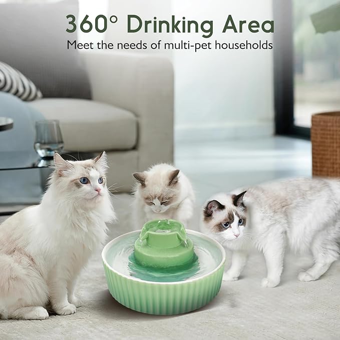 Ceramic Cat Water Fountain, 2.1L/71oz Cat Fountain with 3 Carbon Filters and 2 Water Pumps, Cupcake Pet Water Fountain for Cats and Dogs (Green)
