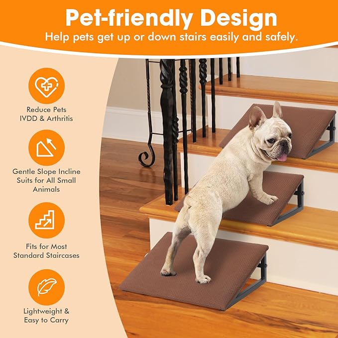 Dog Ramps for Staircase - Pet Steps Stairs for Staircase with Anti-Slip Bottom Suitable for Small Dogs, 3 Packs Extra Wide Metal Frame Dog Ramp for Injured and Older Pets (Brown)