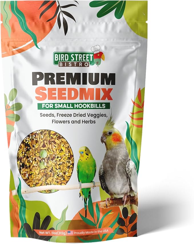 Bird Street Bistro Premium Bird Seed Mix – Natural Foraging Food for Parrots, Conures, African Greys & Cockatiels – Healthy Whole Grain Parrot Food, No Fillers or Additives – 11oz Bag