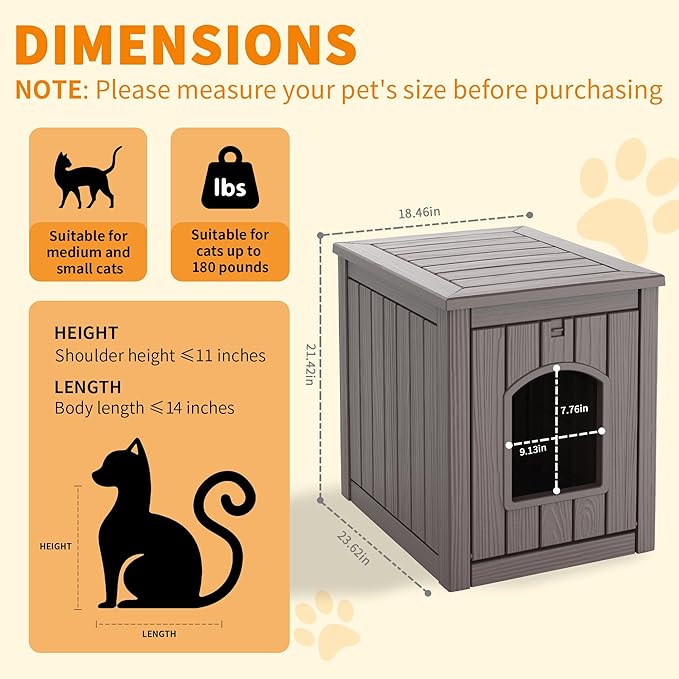 DRATO Outdoor Cat House -Weatherproof Resin Cat Houses for Cats, Durable, Easy Assembly,cat Igloo Outdoor，Durable & Insulated Shelter for Garden, Patio, or Backyard（Grey，18.46 * 23.62 * 21.42）