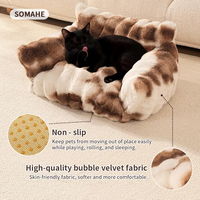 Cat Bed for Indoor Cats Dog Couch Cat Couch Bed Washable Dog Beds for Small Dogs & Cats with Removable Cover, Fluffy Pets Couch with Non-Slip Bottom 24"X18"X10"Beige