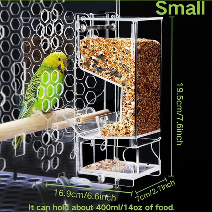 Automatic Bird Feeder, No Mess, Transparent Acrylic, Reducing Waste, Bird Cage Accessories for Parakeet, Canary, Cockatiel, Finch, Conure