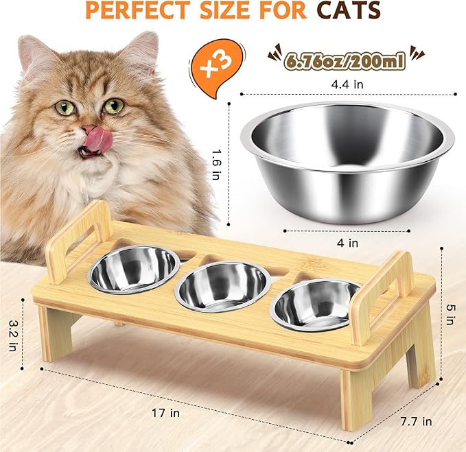 Bamboo Elevated Cat Bowls, 3 Stainless Steel Raised Cat Bowl with Stand, 15°Tilted Cat Feeding Station, Cat Food and Water Bowl Set for Small Cats and Puppy, Anti Vomitting, Whisker Fatigue (Natural)