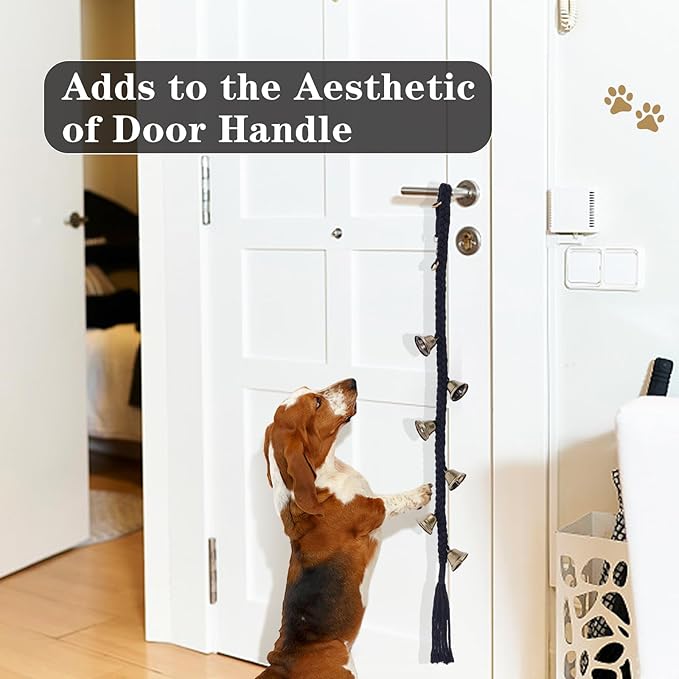 Dog Bell for Door Potty Training, Cotton Handwoven Dog Doorbell with 6 Extra Loud Bells for Dog Training, Adjustable Hanging Door Bell for Small Medium Large Dogs to Ring to Go Outside, Black