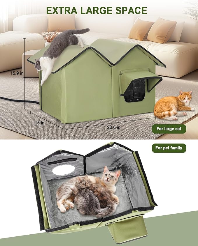Large Heated Cat House for Outside in Winter, Elevated Insulated Heated Outdoor Cat House Weatherproof with Heating Pad, Waterproof Outdoor Cat Shelter for Multiple Cats Small Dogs(Green)