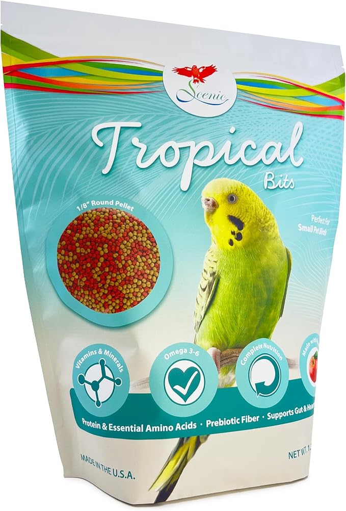 Scenic Tropical Bits Small Pet Bird Food - 1.75 lb Bag - 1/8" Bird Pellets - Complete Nutrition for Cockatiels, Budgies, Lovebirds, Conures & Lories