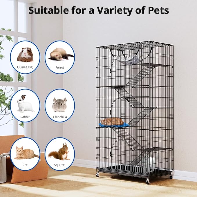 PawGiant 6-Tier Large Cat Cage Playpen, 72-inch Indoor/Outdoor Enclosure with 3 Doors, Hammock, Suitable for Cats, Kittens, and Small Animals