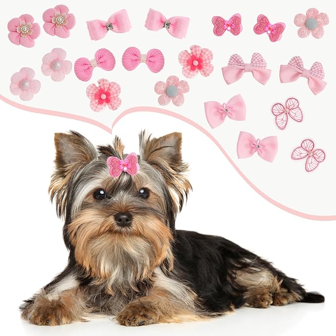 20Pcs Light Pink Small Dog Hair Bows Cute Puppy Dog Bowknot Hair Bow Bulk with Rubber Bands Elastic Lace Rhinestone Pearls Hair Ties Mix Style Handmade Flower Bow Dog Cat (Light Pink, Cute pattern)