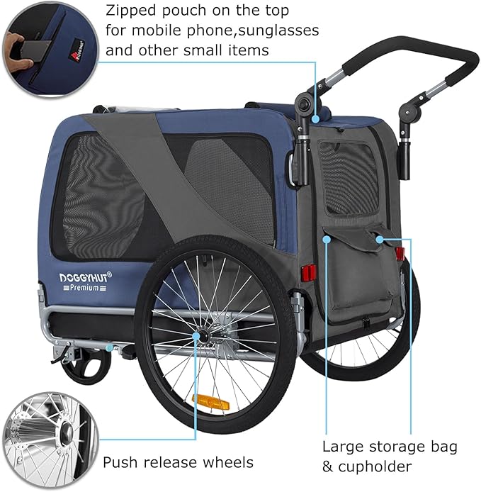 DOGGYHUT® Premium Large/XL Pet Bike Trailer & Stroller for Large Sized Dog or Multiple Small Dogs,Low Center of Gravity,Parking Brakes,Easy Folding Frame,Bicycle Carrier