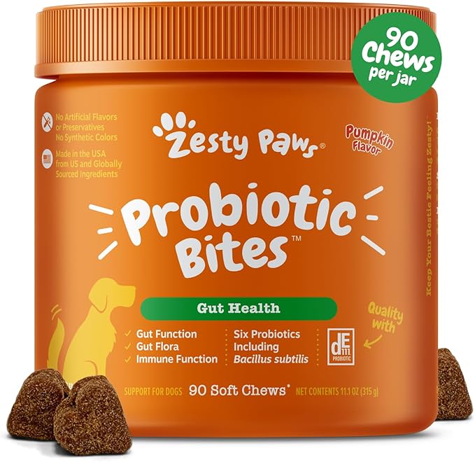 Zesty Paws Probiotics for Dogs - Probiotics for Gut Flora, Digestive Health, Occasional Diarrhea & Bowel Support - Clinically Studied DE111 - Functional Dog Supplement Soft Chew for Pet Immune System